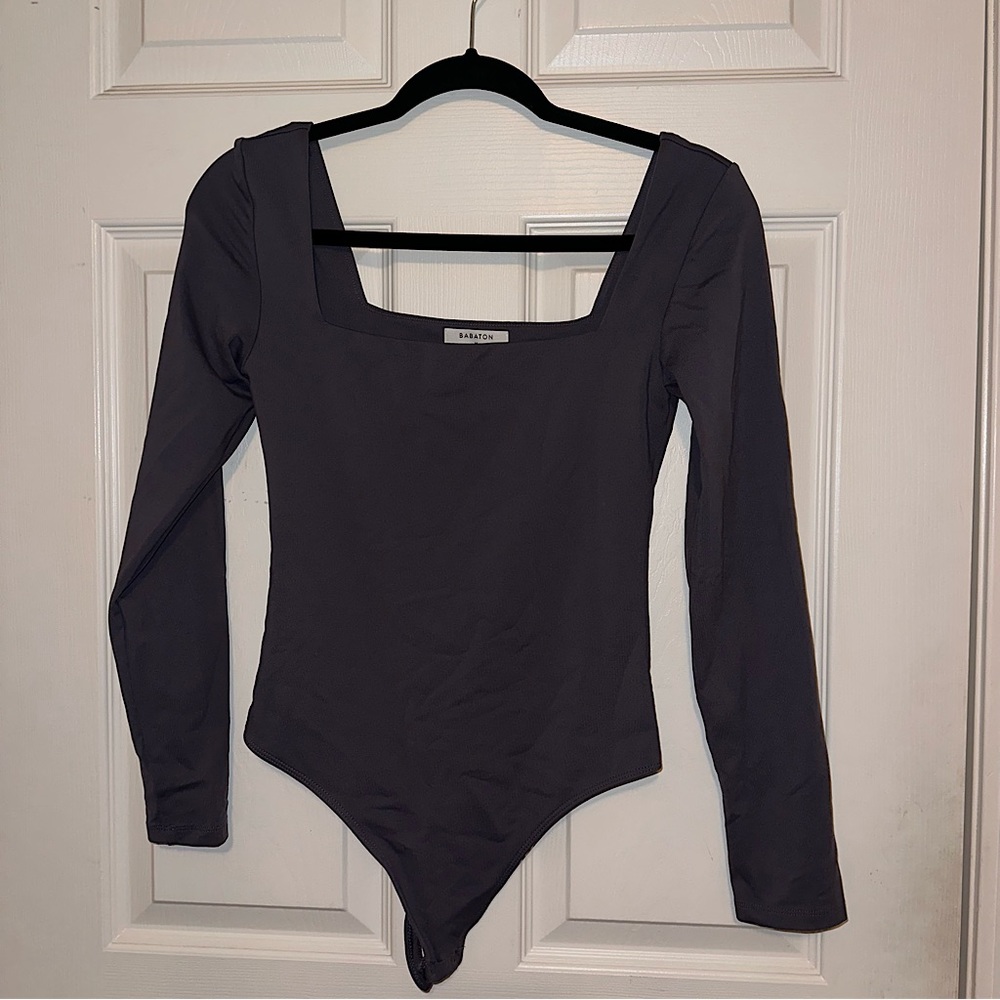 Charcoal Grey Aritzia Babaton Contour Squareneck Longsleeve Bodysuit